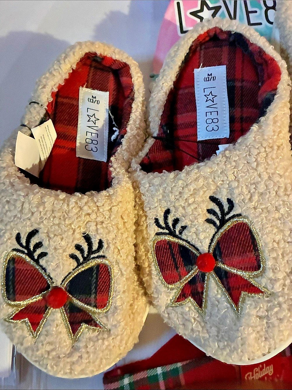 LOVE83 Kids Plaid Bow Slippers